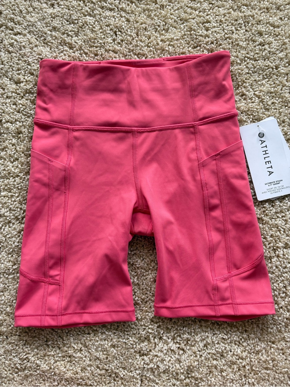 Athleta Ultimate Stash II 7" Shorts Pink High Rise Biker Pocket Womens XS